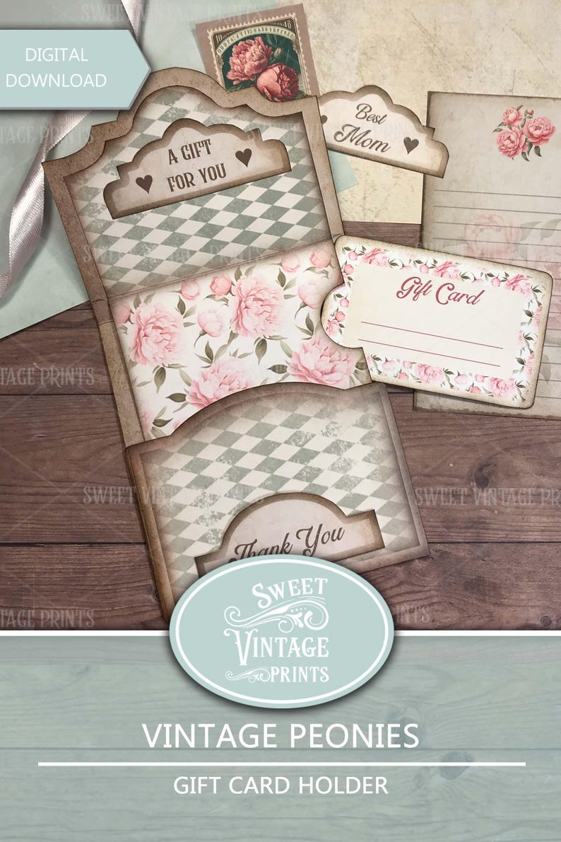 May include: A printable gift card holder with a vintage floral design. The holder features a pink and green floral pattern with the text "A Gift For You", "Best Mom", "Gift Card", and "Thank You".