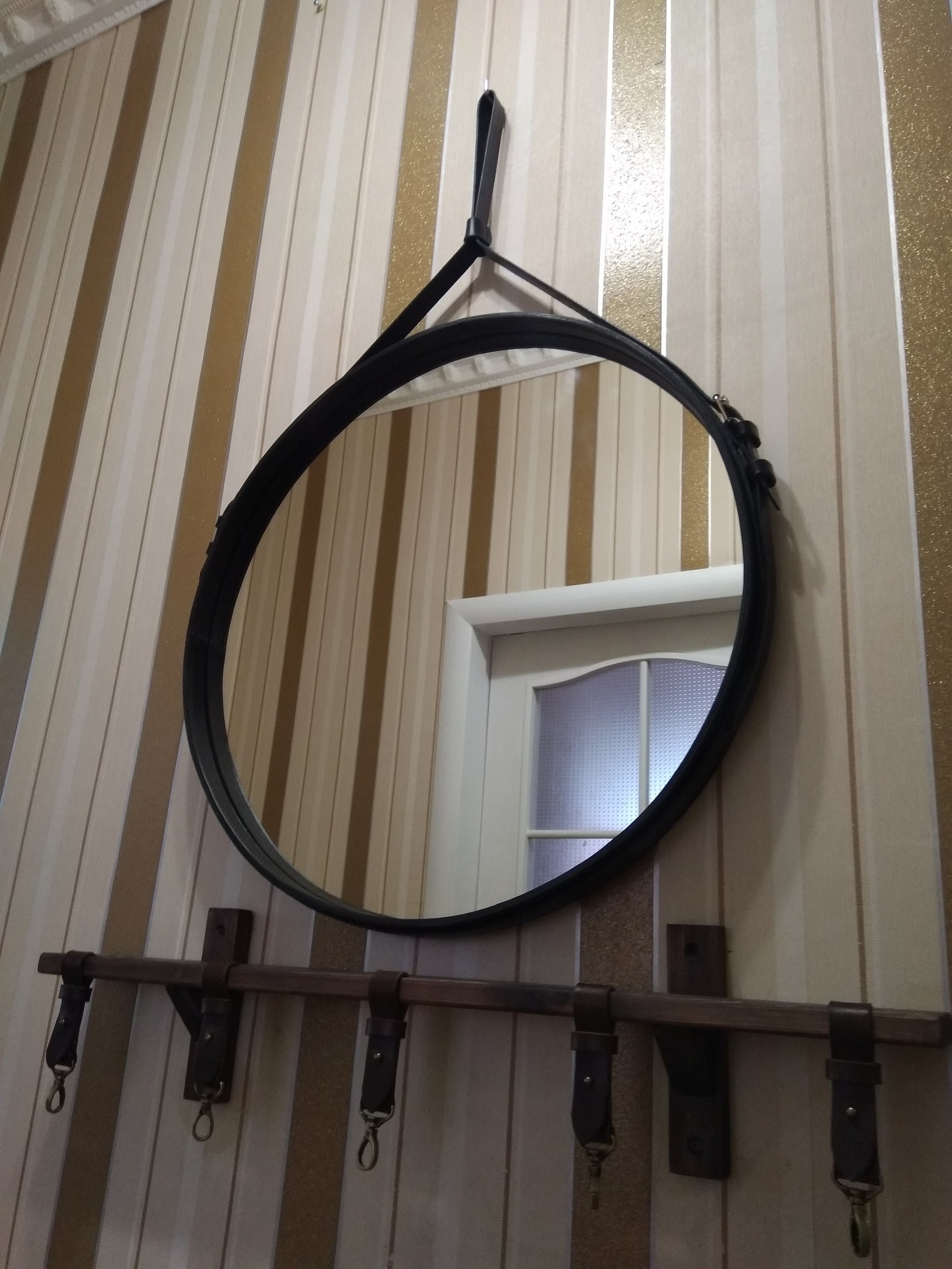 Round Mirror in Leather Frame Mirror on Leather Belt Hanging Etsy