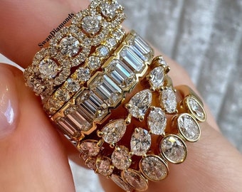 14K Yellow Gold Eternity Wedding Band, Round And Pear Cut Lab Grown Diamond Band, Half Bezel Set Emerald Cut Band, Bezel Set Oval Cut Band