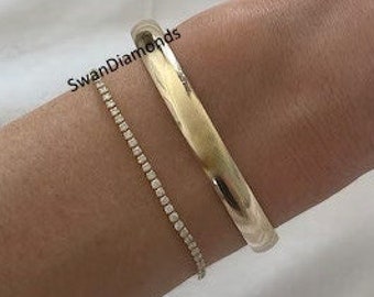 14K Solid Yellow Gold Plain Wide Bangle, Round Cut Moissanite Diamond Tennis Bracelet, Wedding Gift For Bride, Dainty Gold Women's Bracelet