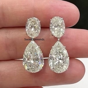 14K White Gold Screw Back Earrings, 15.82 TCW Oval & Pear Cut Moissanite Diamond Wedding Earrings, Dangle Drop Earrings, Anniversary Gift