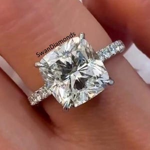 10 MM Cushion Cut Moissanite Wedding Ring, Hidden Halo With Pave Set Diamond Ring, 14K White Gold Ring, Four Claw Prong Set Diamond Ring