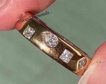 Six Stone Flush Set Diamond Wedding Band, Princess Round & Pear Cut Moissanite Ring, Cluster Diamond Band, Unique Band In 14K Yellow Gold