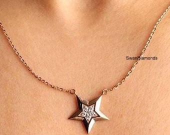 Star Shaped Diamond Pendant Necklace, Round Cut Lab Grown Diamond Women's Necklace, 935 Argentium Silver Necklace, Everyday Wear Necklace