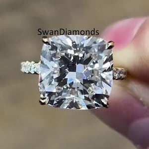 Solitaire With Accents Ring, Colorless Moissanite Ring, Prong Set 6.00 Ct Cushion Cut Diamond Engagement Ring, 14K Yellow Gold Wedding Ring