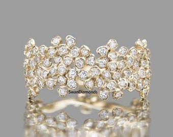 Round Lab Grown Diamond Pretty Antique Band, Unique Diamond Cluster Wedding Band, 14K Solid Gold Band For Women, Stunning Moissanite Band