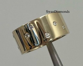 Special Cigar Band, Flush Set Round Cut Lab Grown Diamond Band, Scattered Moissanite Wedding Band In 14K Yellow Gold, Wide Band For Women