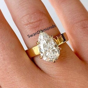 14K Yellow Gold Solitaire Ring, Diamond Wide Band Ring, Prong Set 3.00 Ct Pear Cut Moissanite Diamond Wedding Ring, Proposal Gift For Love