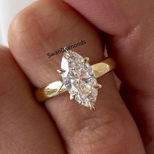 Classic Solitaire Wedding Ring, 1.50 Ct Marquise Cut Moissanite Diamond Engagement Ring, 14K Yellow Gold Thick Band Ring, Six Prong Set Ring