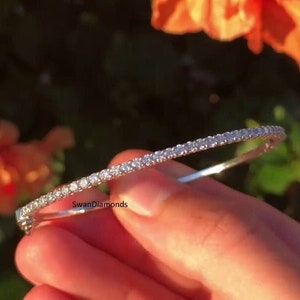 3 MM Round Cut Lab Grown Diamond Bangle Bracelet, Dainty Diamond Bangle Bracelet, Half Eternity Bangle Bracelet, Women's Jewelry, 14K Gold