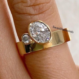 2.25 TCW Oval And Round Cut Colorless Moissanite Engagement Ring, Toi Et Moi Wide Band Ring, 18K Yellow Gold Ring, Bezel Setting Simple Ring