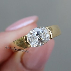Perfect Oval Solitaire Engagement Ring, East To West Setting Diamond Wide Band Ring, 2.00 Ct Oval Cut Moissanite Diamond Half Bezel Set Ring