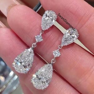 Three Stone Teardrop Earrings, Dangle Drop Earrings, 10K White Gold Earrings, 9.4 TCW Pear & Round Cut Moissanite Diamond Wedding Earrings