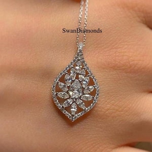 Modern Style Diamond Pendant, Pear Marquise And Round Cut Moissanite Stunning Pendant, 18K White Gold Pendant, Only Pendant Without Chain