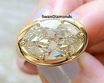 Anello con moissanite ovale Old Mine, 13 x 9 mm, anello solitario con moissanite orientato da est a ovest, fede nuziale, anello con incastonatura a sei griffe in oro giallo 14 carati