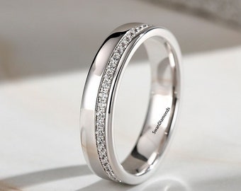 10K White Gold Men&#39;s Band, Round Cut Lab Grown Diamond Wedding Band, One Side Diamond Pave Set Band, Full Eternity Band, Father&#39;s Day Gift