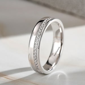 10K White Gold Men&#39;s Band, Round Cut Lab Grown Diamond Wedding Band, One Side Diamond Pave Set Band, Full Eternity Band, Father&#39;s Day Gift