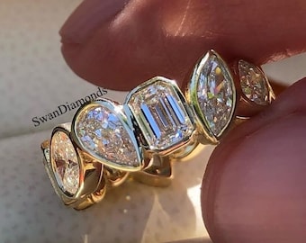 Bezel Set Moissanite Diamond Full Eternity Band, Multi Shape Diamond Wedding Band, 14K Solid Yellow Gold Ring, Stacking Band, Promise Band
