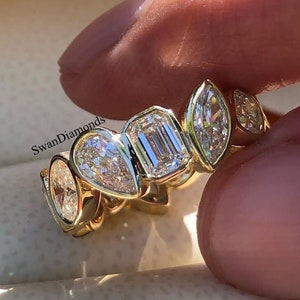 Bezel Set Moissanite Diamond Full Eternity Band, Multi Shape Diamond Wedding Band, 14K Solid Yellow Gold Ring, Stacking Band, Promise Band