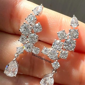 3.52 TCW Pear And Round Cut Moissanite Diamond Wedding Earrings, Cluster Diamond Drop Dangle Earrings, 14K White Gold Earrings, Bridal Gift