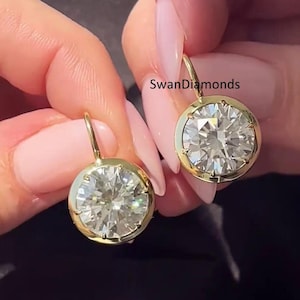 Classic 9 MM Round Cut Moissanite Diamond Solitaire Earrings, 18K Yellow Gold Earrings, Dangle Drop Wedding Earrings, Bezel And Prong Set