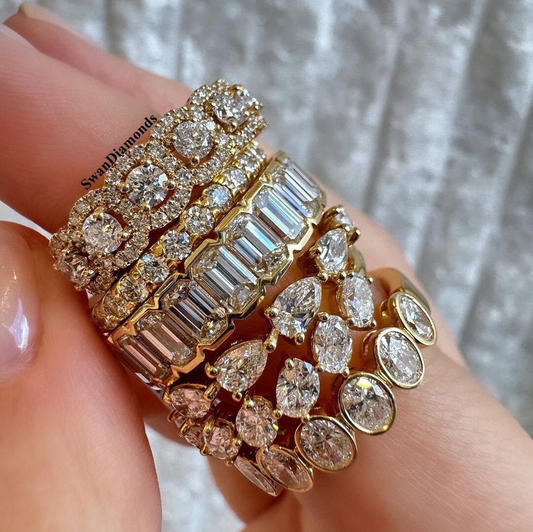 14K Yellow Gold Eternity Wedding Band, Round And Pear Cut Lab Grown Diamond Band, Half Bezel Set Emerald Cut Band, Bezel Set Oval Cut Band
