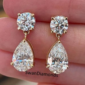 Dangle Drop Wedding Earrings, Teardrop Screw Back Earrings, 5 TCW Round & Pear Cut Moissanite Diamond Women&#39;s Earrings, Bride Earrings Gift