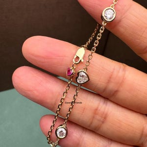 2.05 TCW Heart & Round Cut Moissanite Wedding Bracelet, Bezel Set Diamond Station Chain Bracelet In 18K Gold, Pink Ruby Gemstone Bracelet