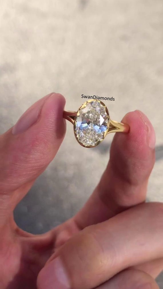 Awesome Scalloped Bezel Diamond Ring, CT Oval Cut Moissanite