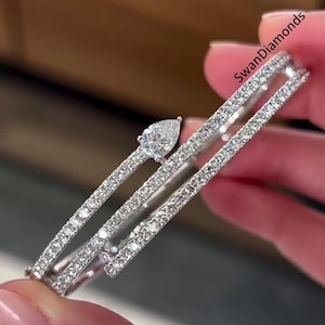 14K White Gold Bangle, Pear & Round Cut Colorless Moissanite Bridal Bangle Bracelet, Pave Setting Eternity Bangle, Gorgeous Wedding Bangle