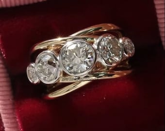 Bezel Set 1.70 TCW Round Colorless Moissanite Diamond Ring, Solitaire Ring Wedding Engagement Ring, 14K Two Tone Gold Round Anniversary Ring
