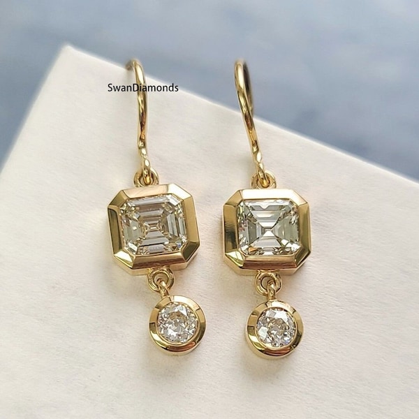 Bezel Setting Asscher And Round Cut Diamond Earrings, Moissanite Dangle Drop Earrings, 14K Solid Yellow Gold Ear Wire Earrings, Wedding Gift