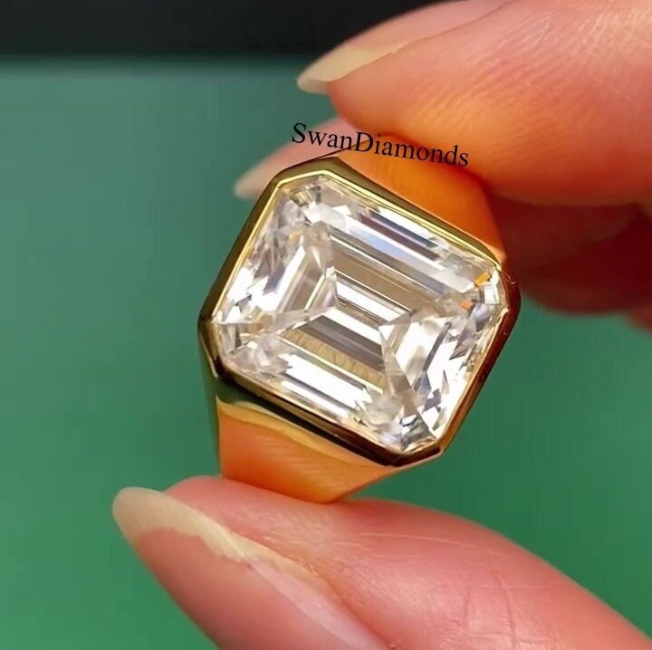 10K Solid Yellow Gold Ring, Men's Wedding Ring, 6.00 Ct Emerald Cut Moissanite Ring, Bezel Set Solitaire Ring, Engagement Ring, Gift For Him