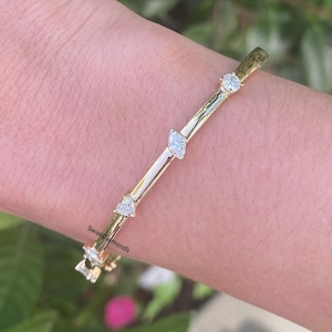 Multi Shape Diamond Moissanite Bangle, Prong Setting Diamond Bangle, 14K Solid Gold Bangle, Five Stone Moissanite Wedding Anniversary Bangle