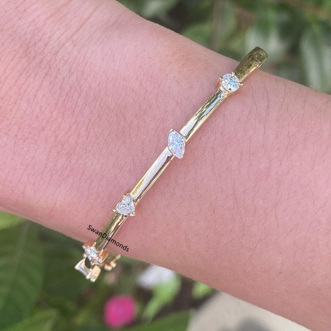 Multi Shape Diamond Moissanite Bangle, Prong Setting Diamond Bangle, 14K Solid Gold Bangle, Five Stone Moissanite Wedding Anniversary Bangle