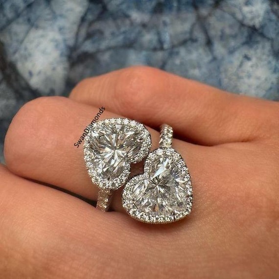 TCW Heart Cut Moissanite Diamond Halo Ring, Bypass Shank Wedding
