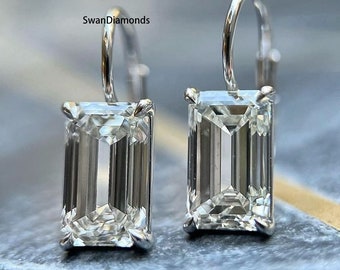 Solid 18K White Gold Earrings, Dangle Drop Earrings Gift, 11 TCW Emerald Cut Moissanite Engagement Earrings, Lever Back Bridal Earrings