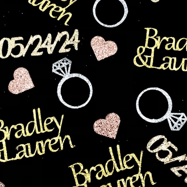 2 Names or 2 Words Personalized Confetti Dates Rings Hearts Custom Glitter Table Scatter Engagement Weddings Bridal Showers Personalized