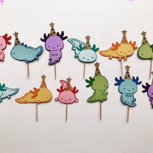 6 12 18 24 pcs Axolotl Birthday Cupcake Toppers Assorted Colors