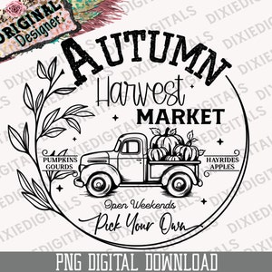 May include: Black and white illustration of a vintage truck with pumpkins in the bed. The truck is surrounded by a wreath of leaves and the text "Autumn Harvest Market" with the words "Open Weekends Pick Your Own" below.