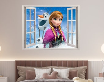 Autocollant de papier peint 3D Frozen Anna Olaf, décoration murale avec vue sur la fenêtre de la princesse Disney, vinyle du film Pixar, décoration murale pour chambre d'enfant, autocollant mural de chambre