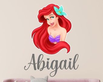 Personalized Name Wall Sticker. Custom Vinyl Decal. The Little Mermaid Ariel Princess Girl Disney. Cartoon Kids Bedroom Art Decoration.