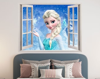 Frozen Elsa 3D Wallpaper Decal, Disney Princess Window View Wall Art, Pixar Movie Vinyl, Wall Decoration Kid's Room, Room Mural Stickers