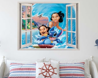 Lilo & Stitch 3D Wallpaper Decal, Window View Wall Art, Pixar Movie Vinyl, Wall Decoration Kid's Room, Room Mural Stickers,