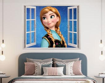 Frozen Anna Elsa 3D Wallpaper Decal, Disney Princess Window View Wall Art, Pixar Movie Vinyl, Wall Decoration Kid's Room, Room Mural Sticker