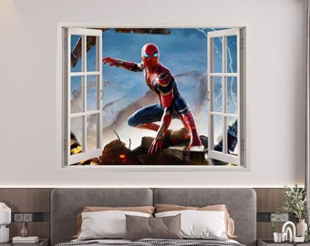 SpiderMan No Way Home 3D Wallpaper Decal, Marvel Avengers Window View Wall Art, Superhero Movie Vinyl, Wall Decoration Kid Room Stickers