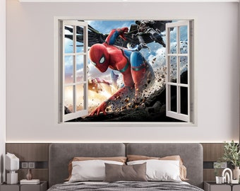 SpiderMan Homecoming 3D Wallpaper Decal, Marvel Avengers Window View Wall Art, Superhero Movie Vinyl, Wall Decoration Kid Room Stickers
