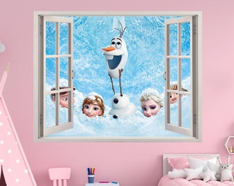 Frozen Elsa Anna Olaf 3D Wallpaper Decal, Disney Princess Window View Wall Art, Pixar Movie Vinyl, Wall Decoration Kid's Room, RoomStickers