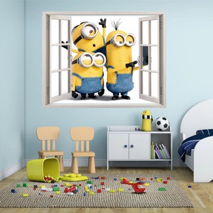 Minions 3D Wallpaper Decal, Despicable me Window View Wall Art, Pixar Movie Vinyl, Décoration murale Chambre denfant, Autocollants muraux de chambre, image 1