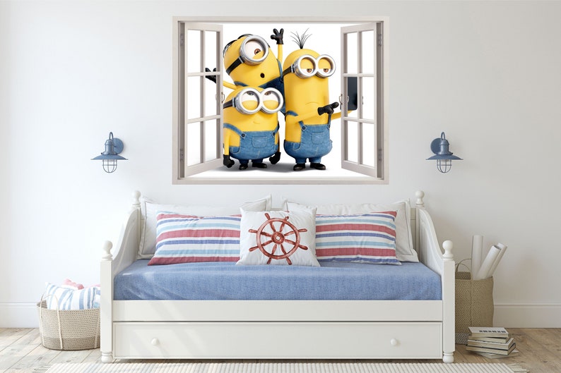 Minions 3D Wallpaper Decal, Despicable me Window View Wall Art, Pixar Movie Vinyl, Décoration murale Chambre denfant, Autocollants muraux de chambre, image 4